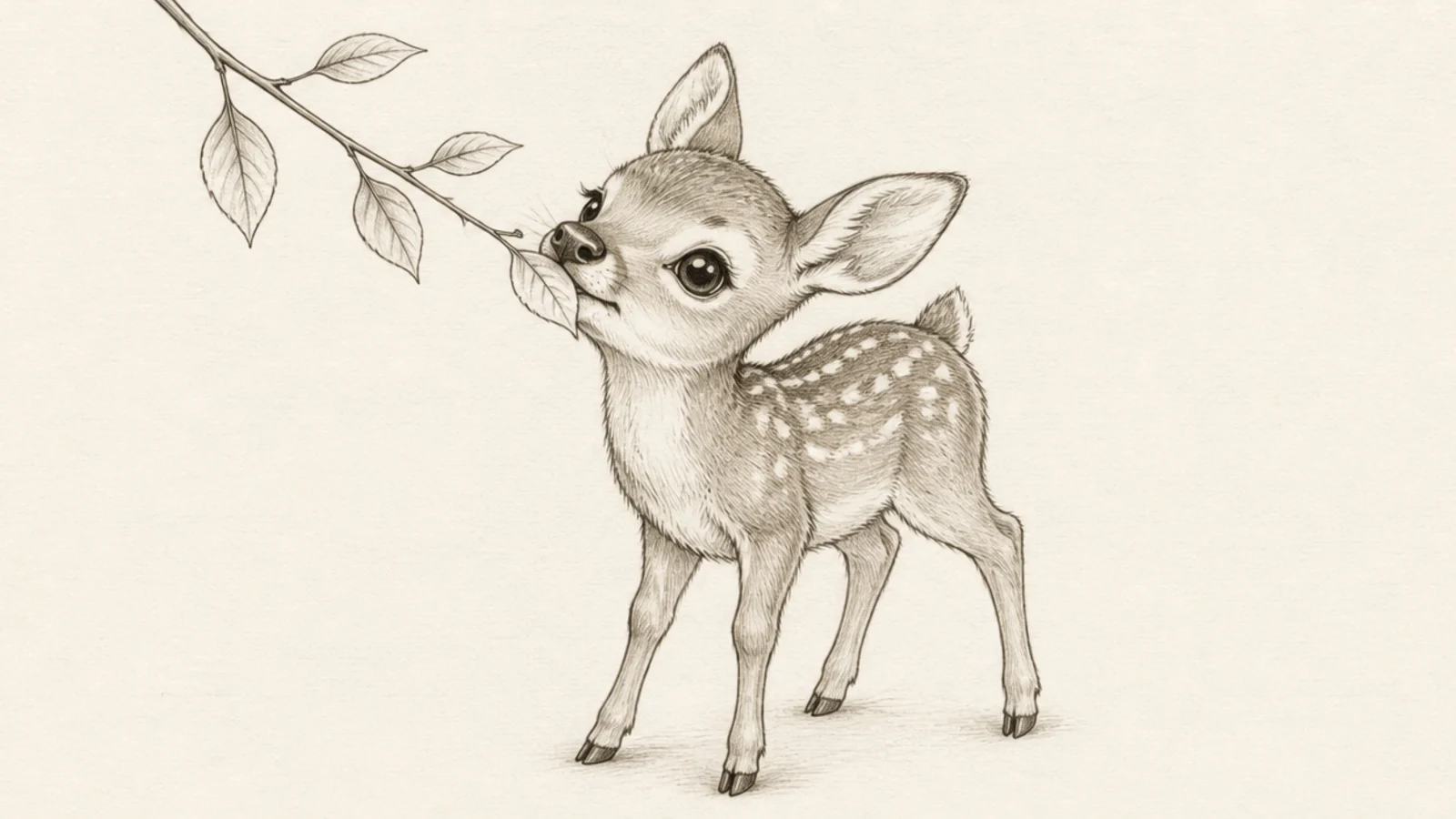 A fawn nibbling a single leaf held at the tip of its mouth