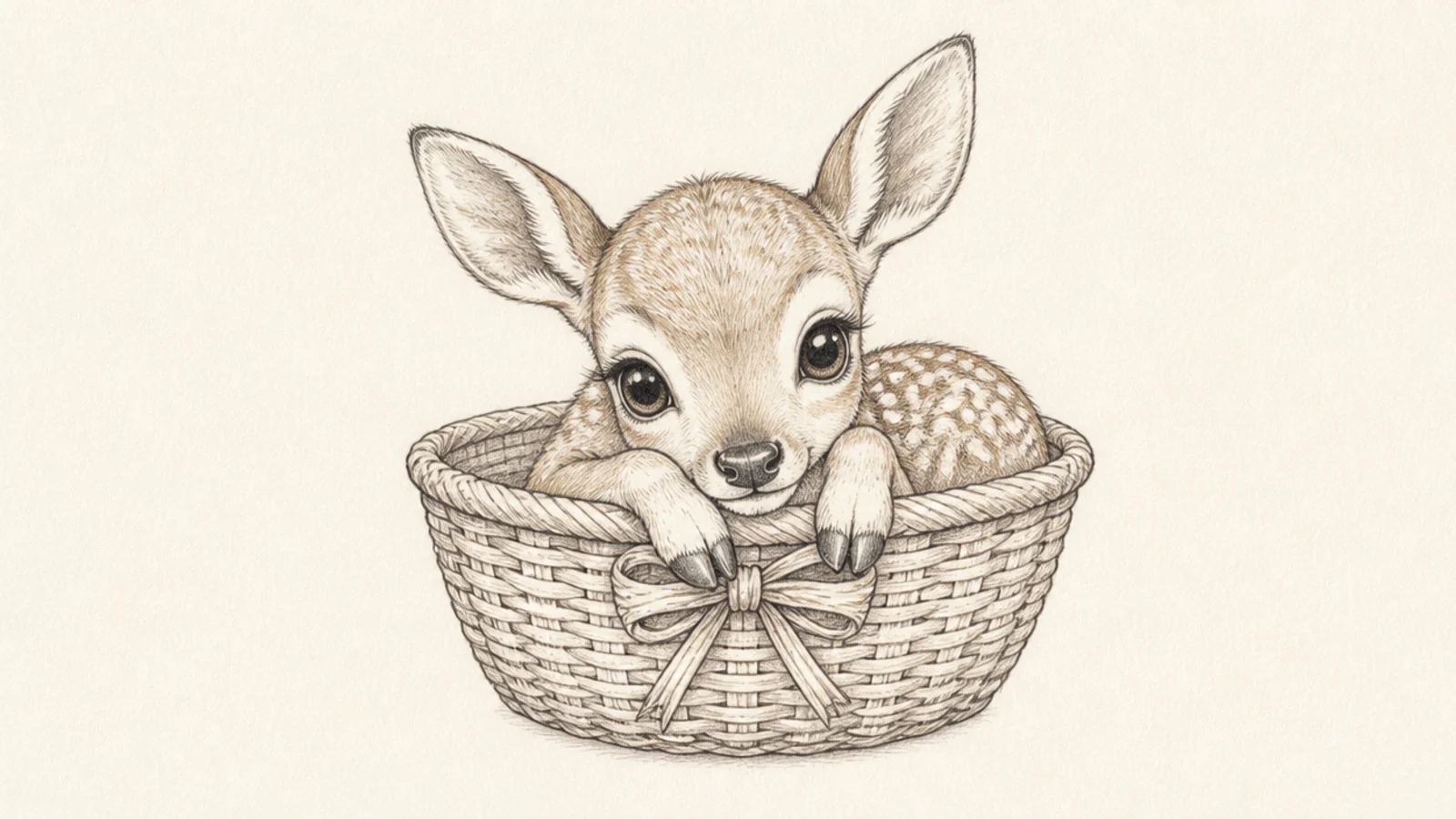 A tiny fawn curled inside a woven basket
