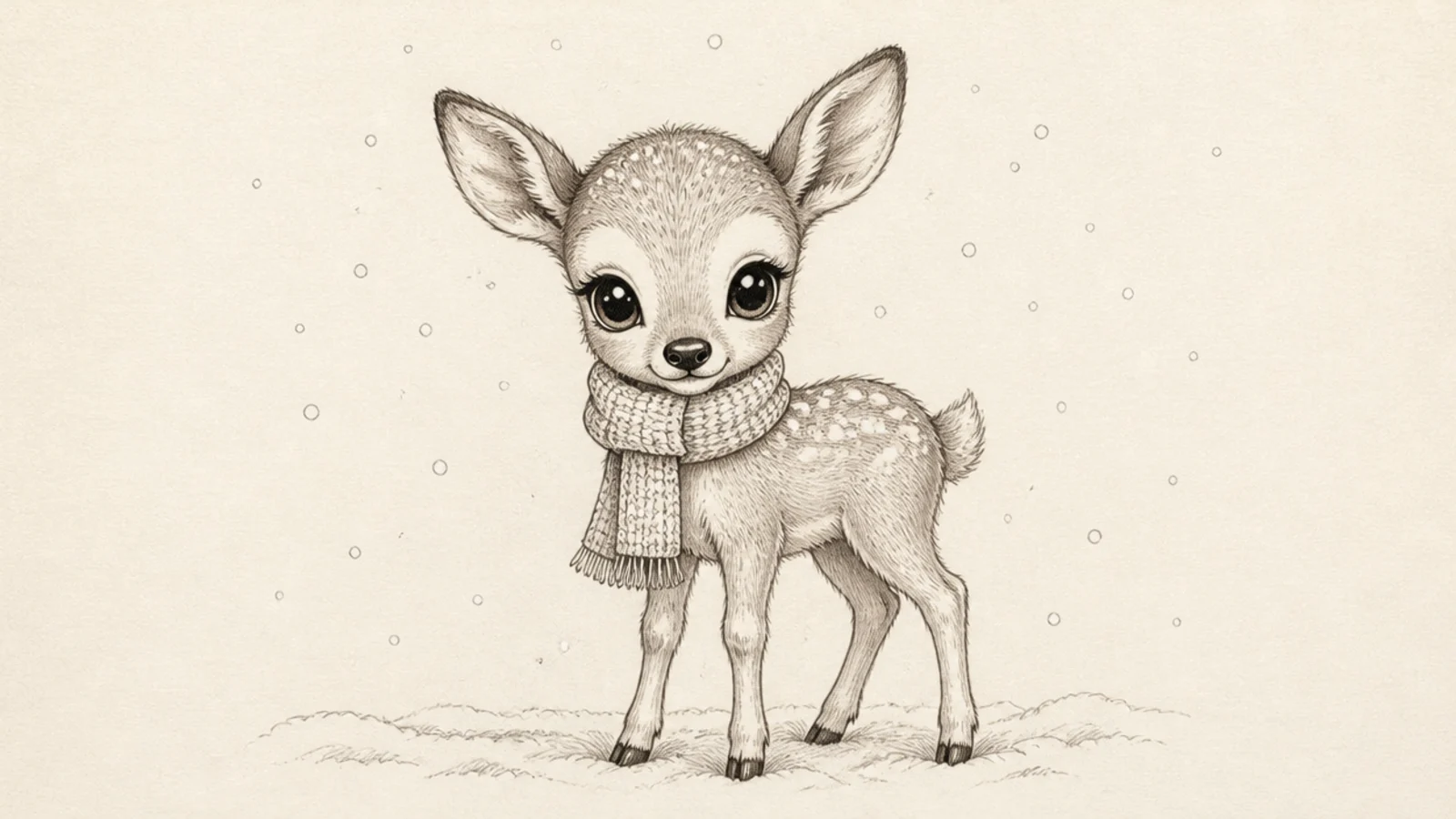 A fawn standing in falling snow with a little scarf