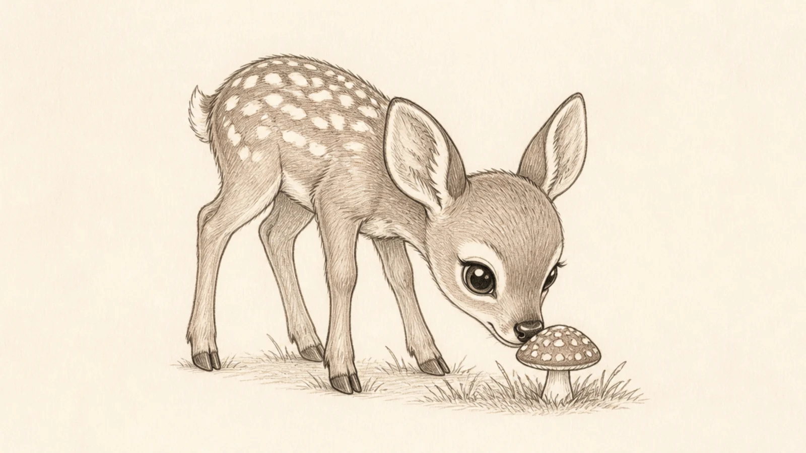 A fawn lowering its nose to sniff a small toadstool