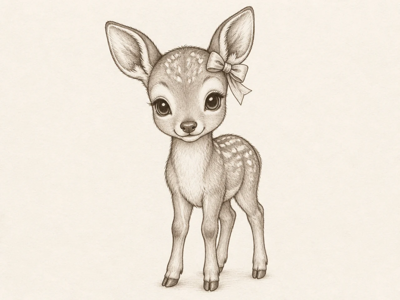 A fawn portrait with a small bow ribbon tied by one ear