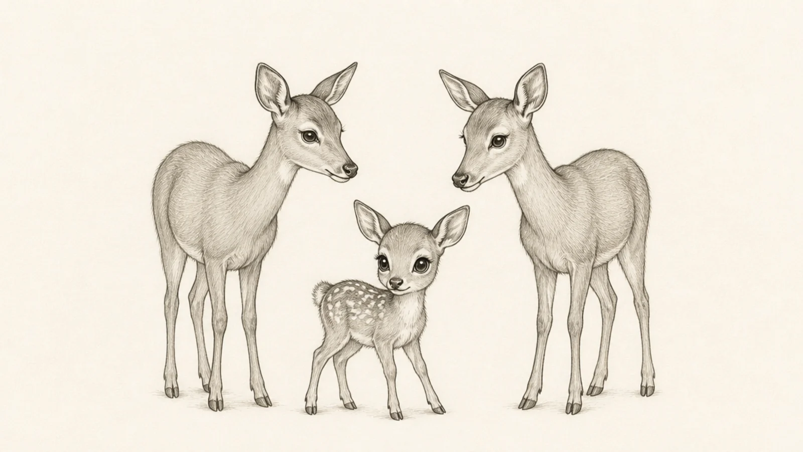 Two doe parents standing with a small fawn between them