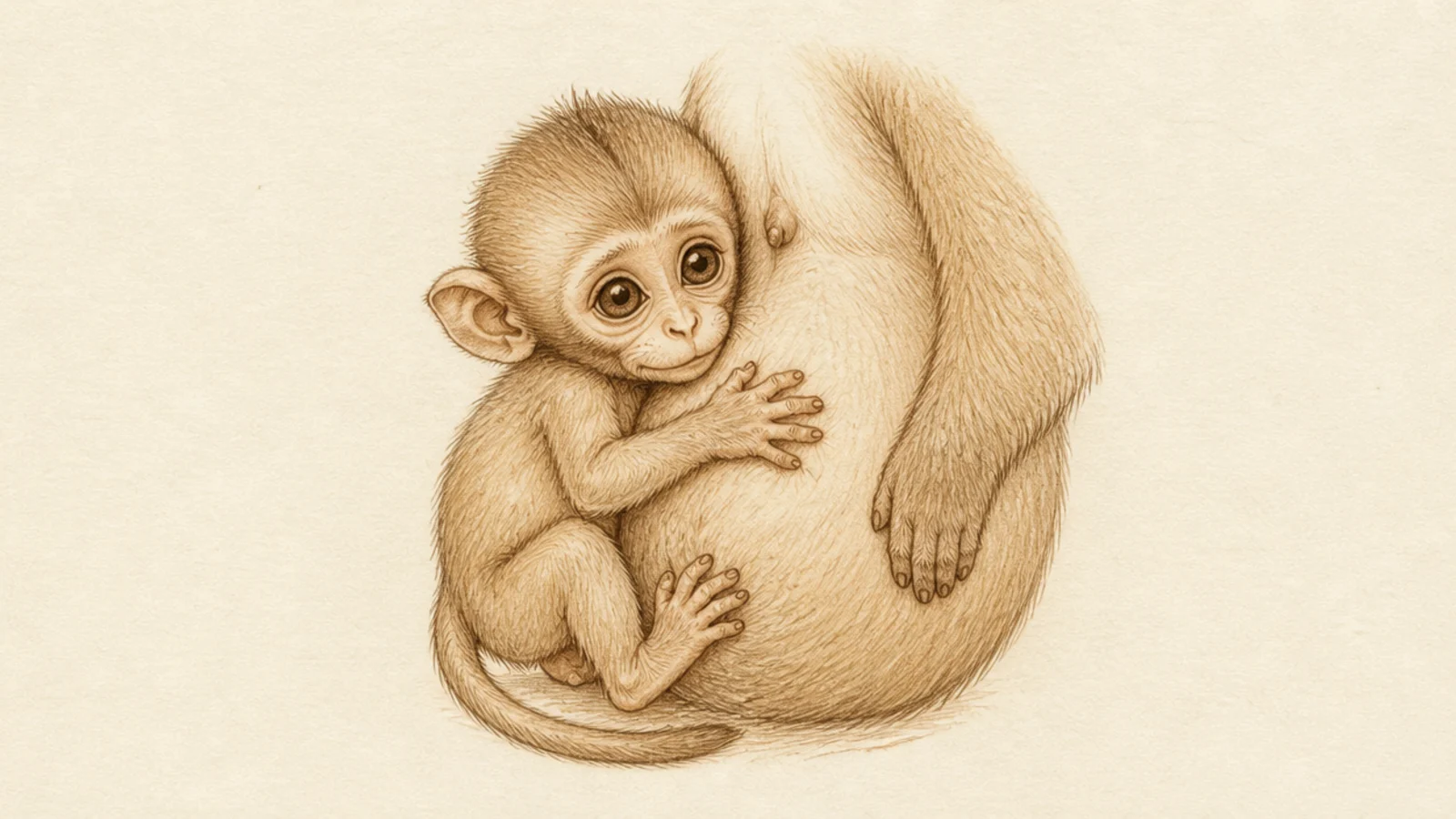 A baby monkey clinging to its mother's belly with all four limbs