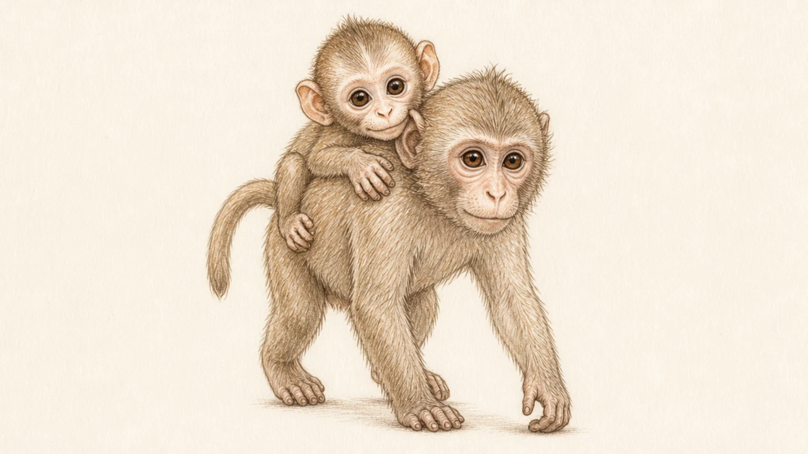 A baby monkey riding piggyback on its mother