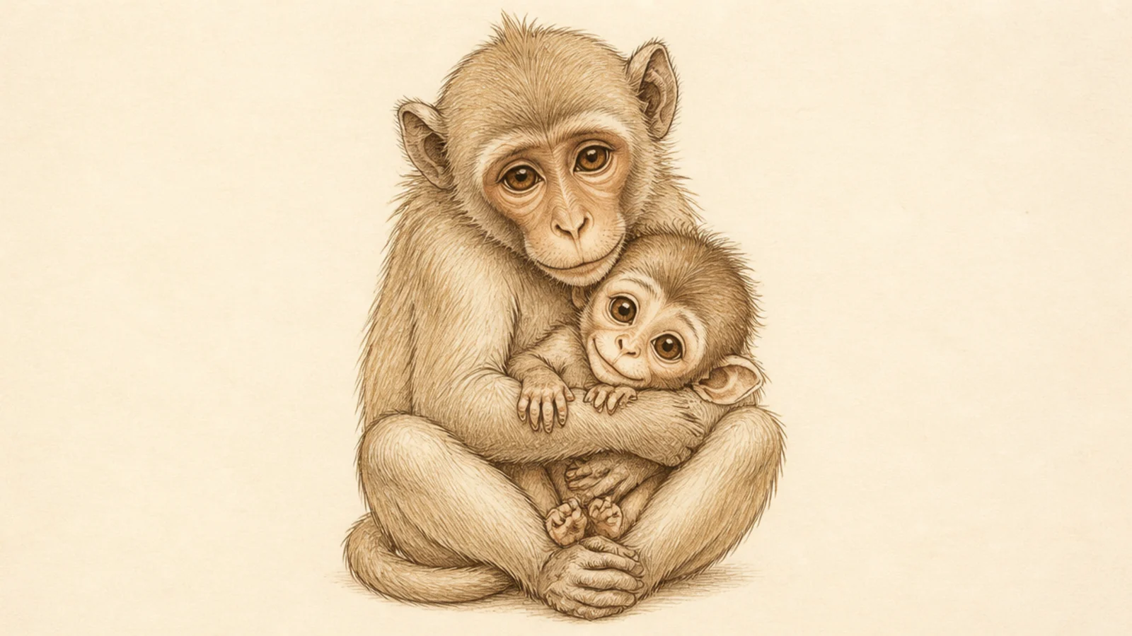 A baby monkey cradled in its mother's arms