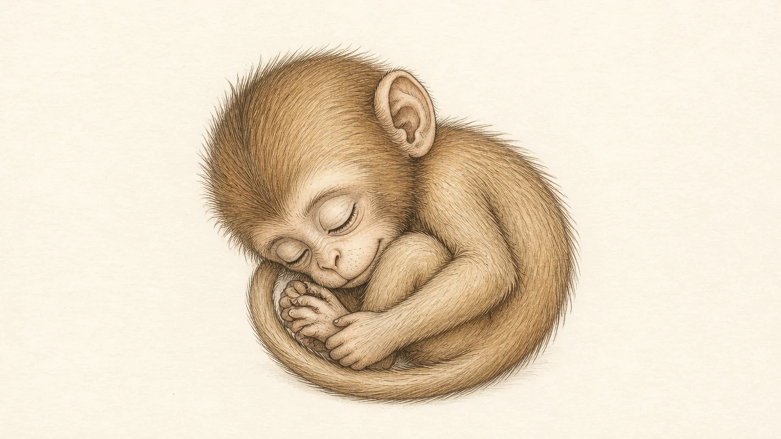 A baby monkey curled into a ball asleep