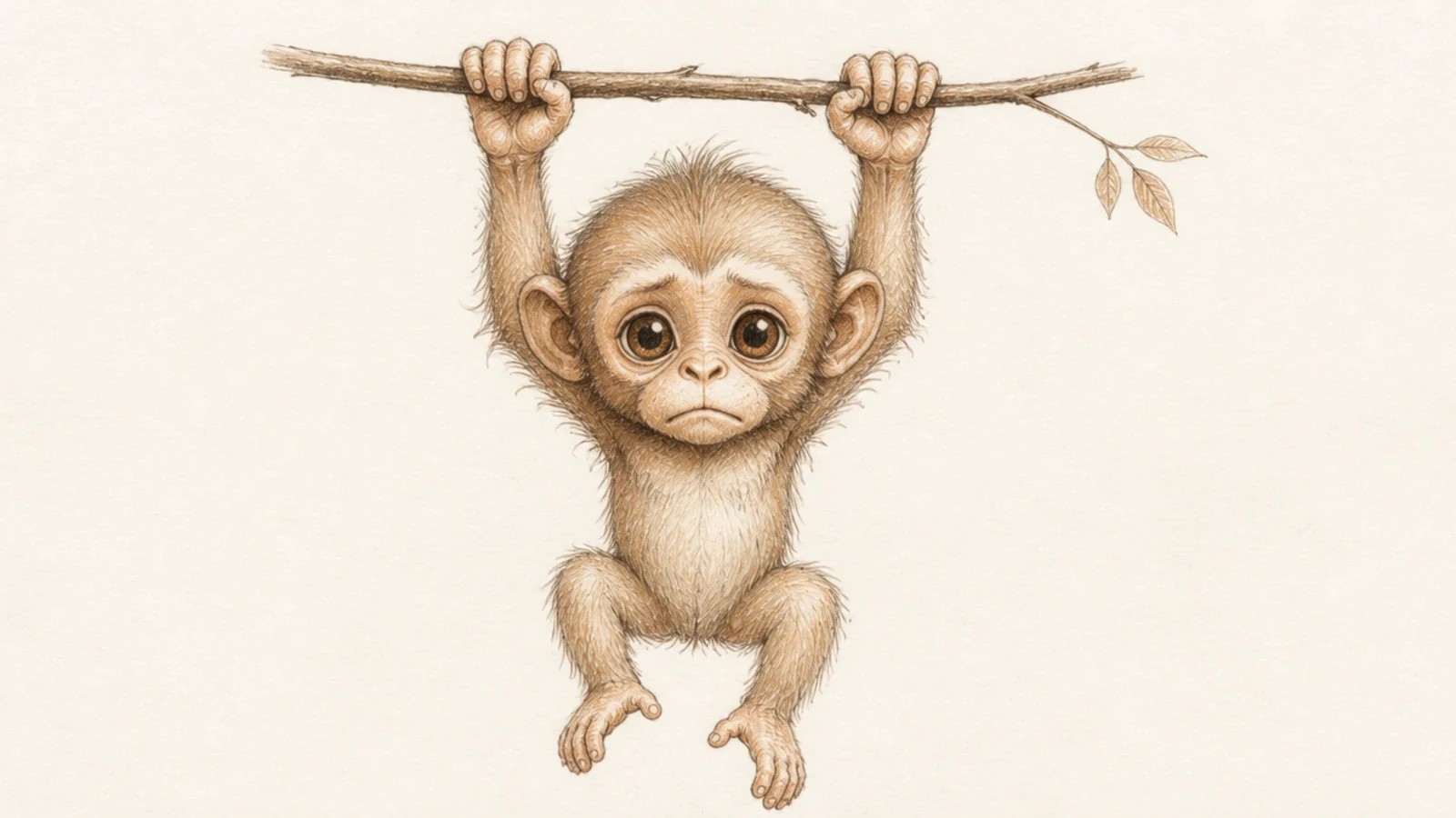 A baby monkey holding tightly to a thin branch