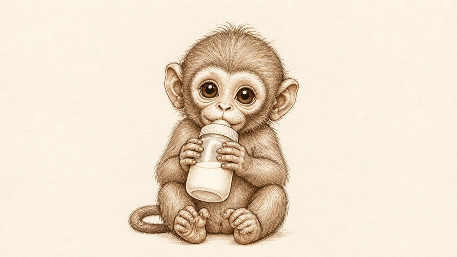 A baby monkey holding a milk bottle