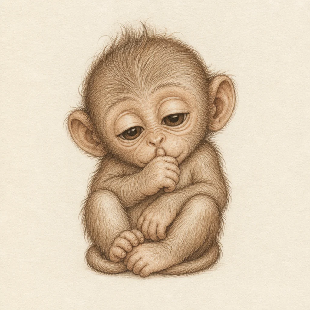 A baby monkey sucking its thumb sleepily