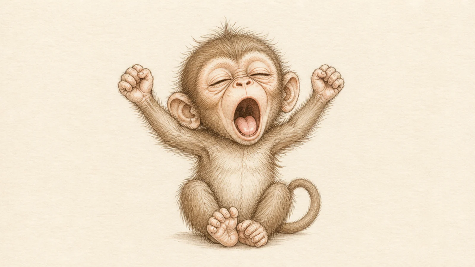 A baby monkey mid-yawn with a wide little mouth
