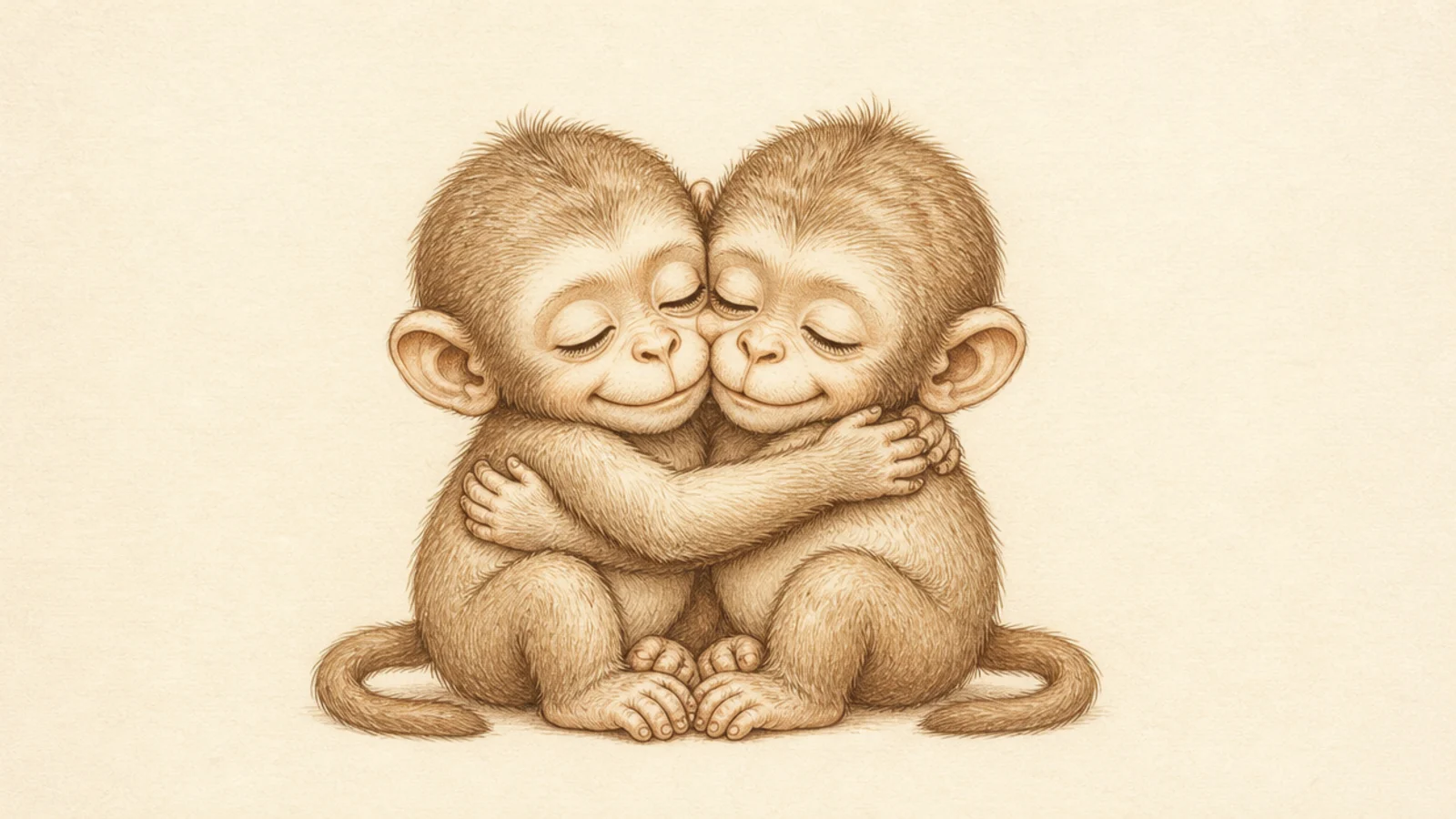 Two baby monkeys hugging each other closely