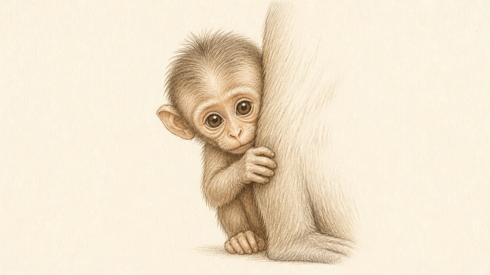 A shy baby monkey peeking out from behind its mother