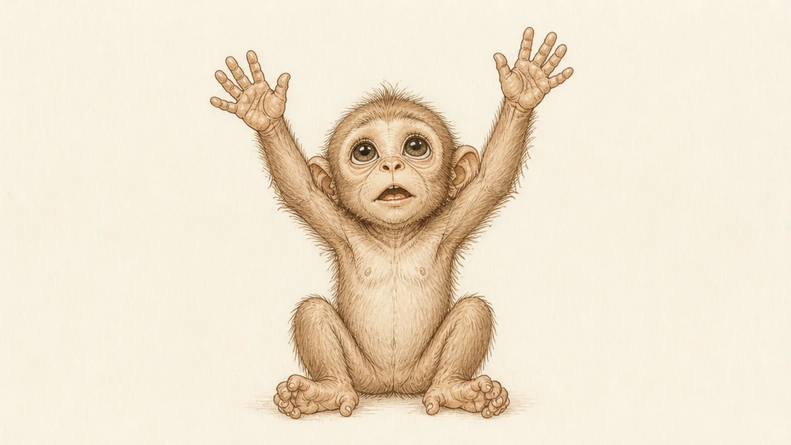 A baby monkey reaching both arms up to be picked up