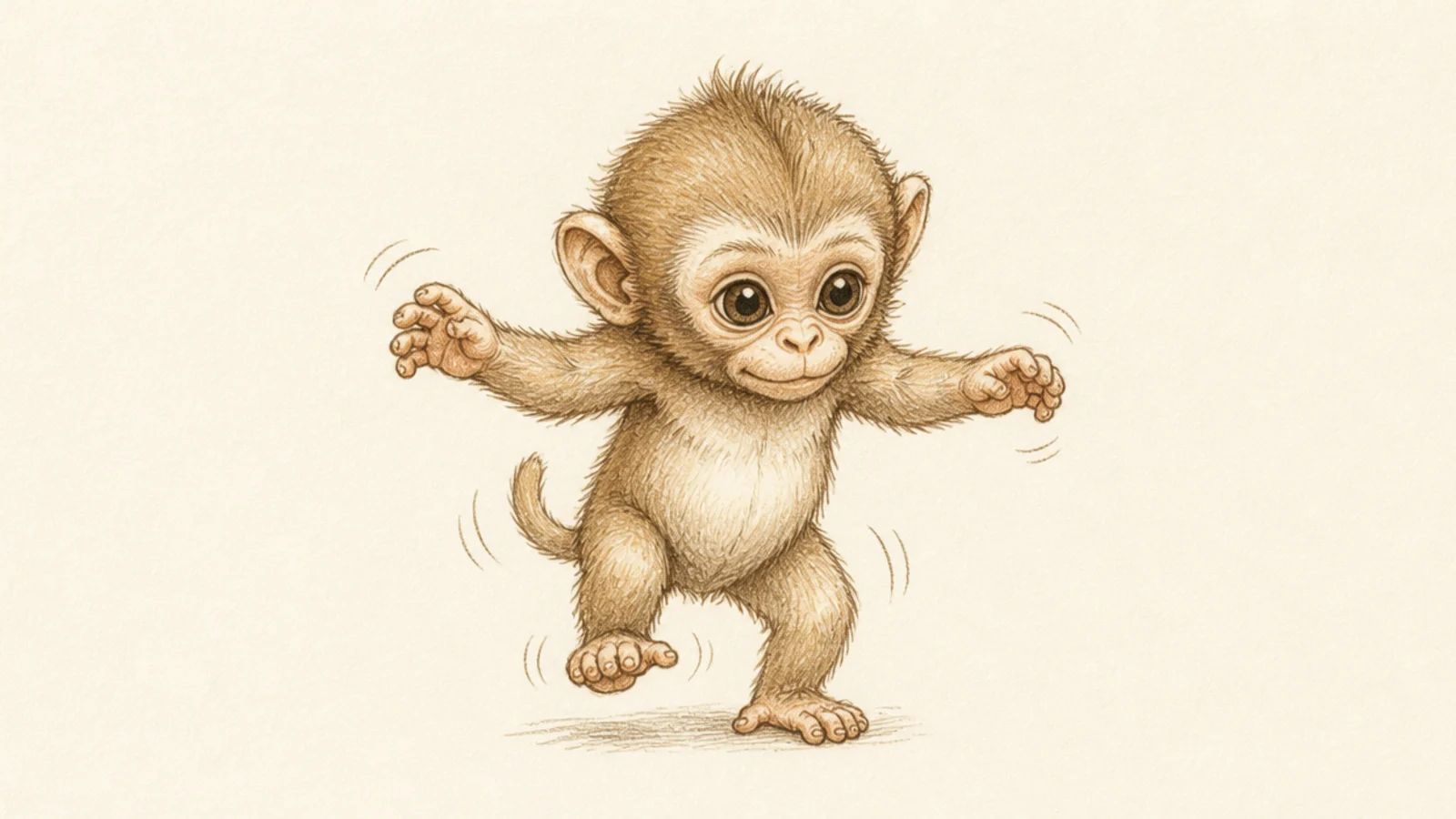 A baby monkey taking wobbly first steps with arms out