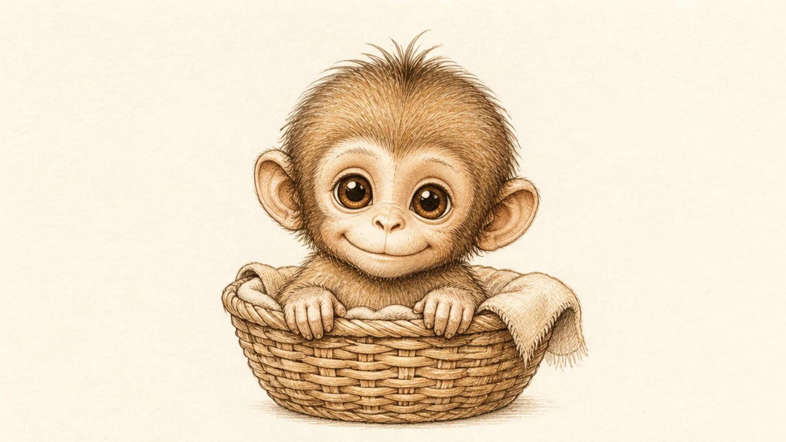 A baby monkey sitting in a little woven basket