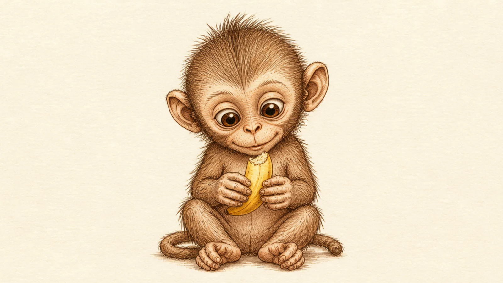 A baby monkey holding a small banana in both hands