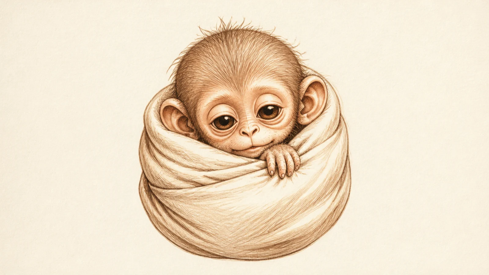 A baby monkey swaddled in a soft blanket