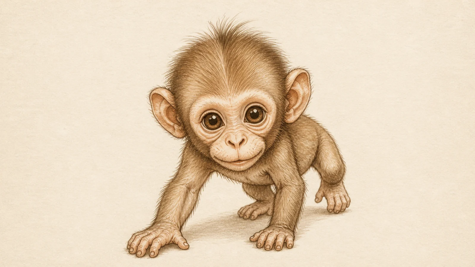 A baby monkey crawling on all fours with a big head