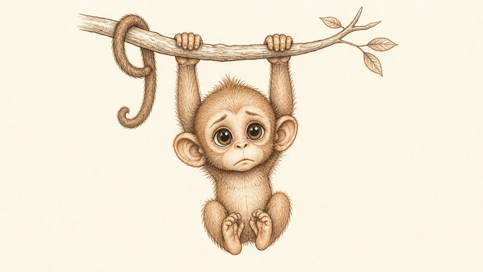 A baby monkey nervously trying to hang by its tail