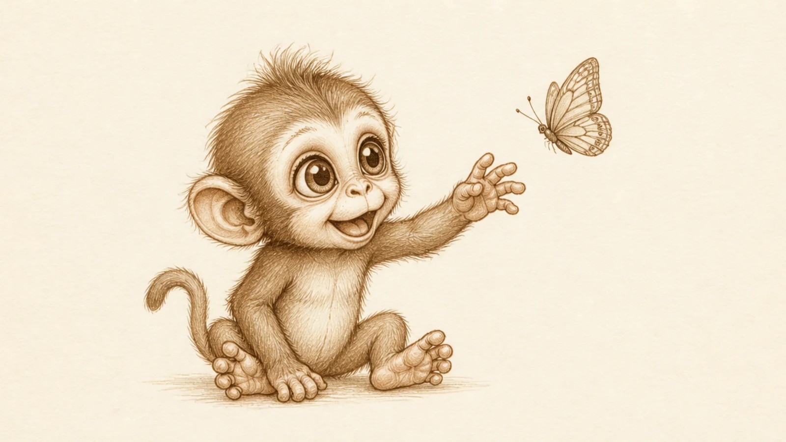 A curious baby monkey reaching toward a butterfly