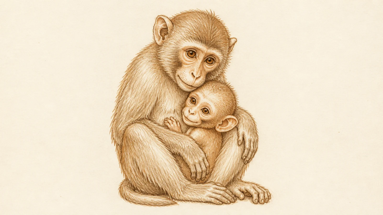 A baby monkey nursing while held by its mother