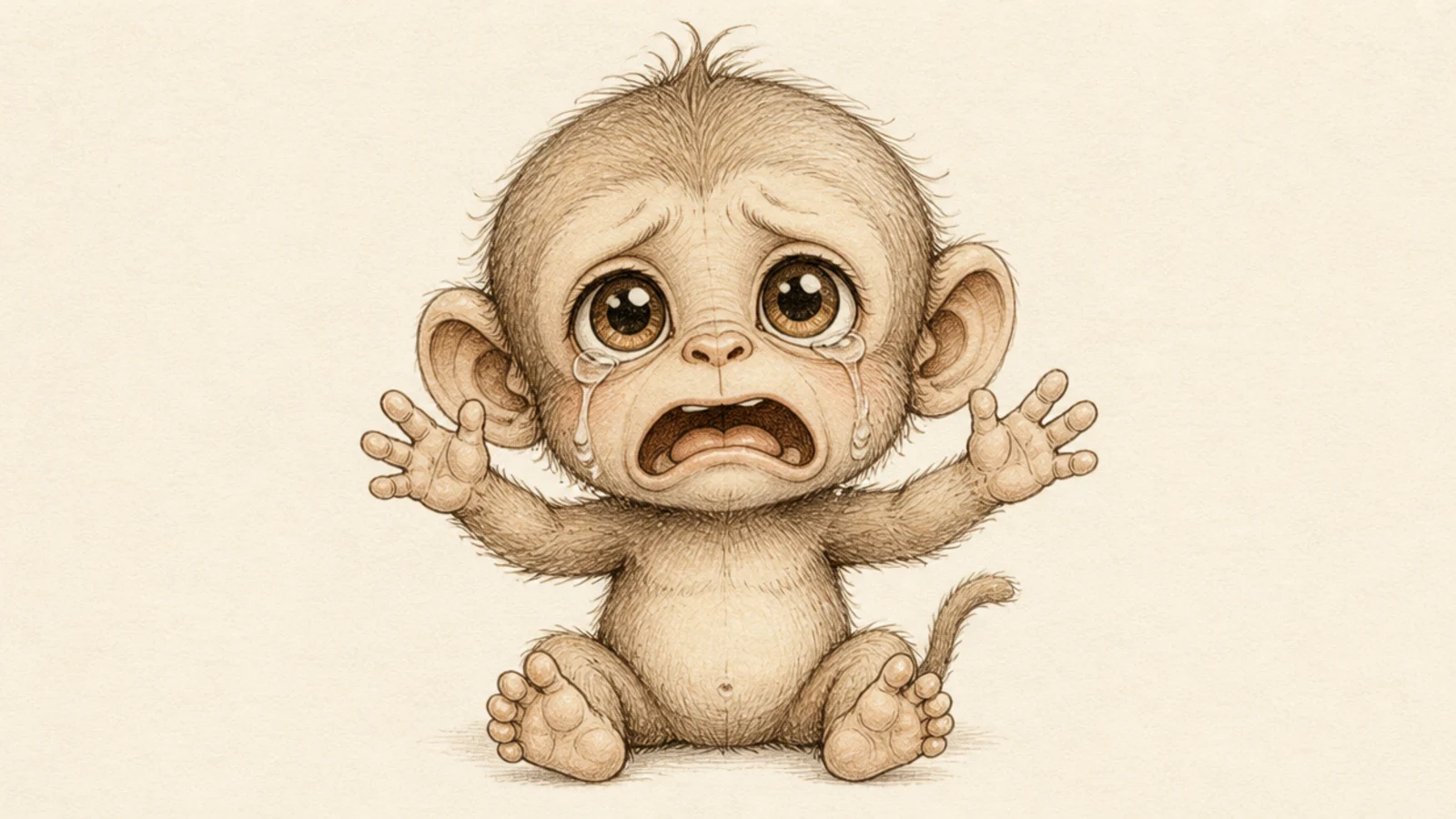 A baby monkey crying with big teary eyes