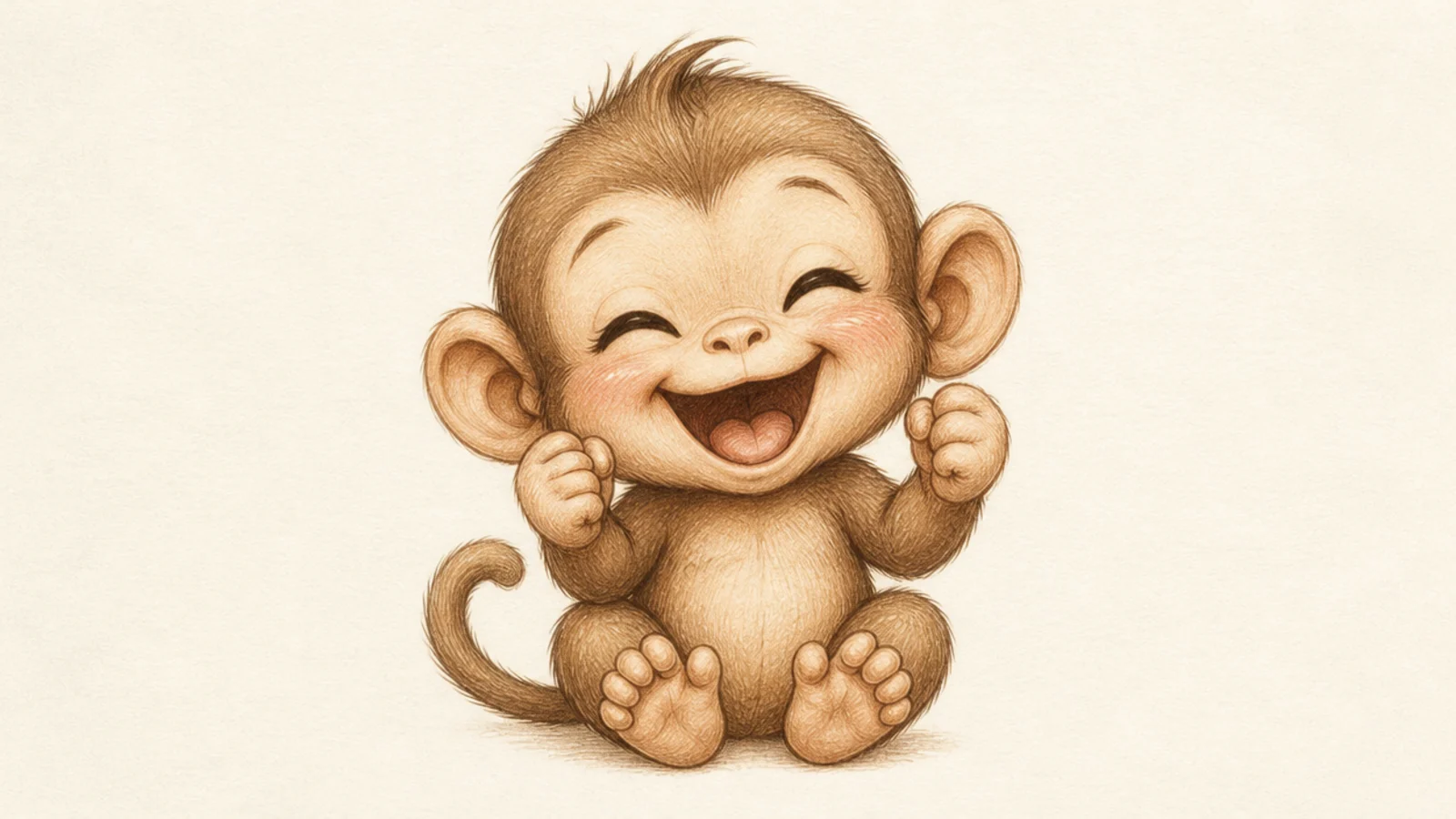 A baby monkey giggling with a wide happy grin