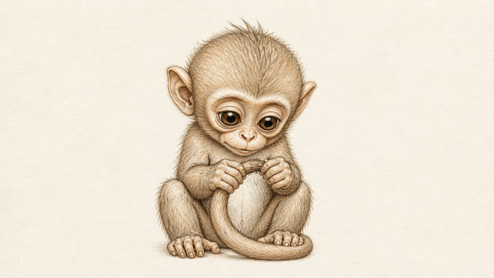 A baby monkey holding and playing with its own curly tail