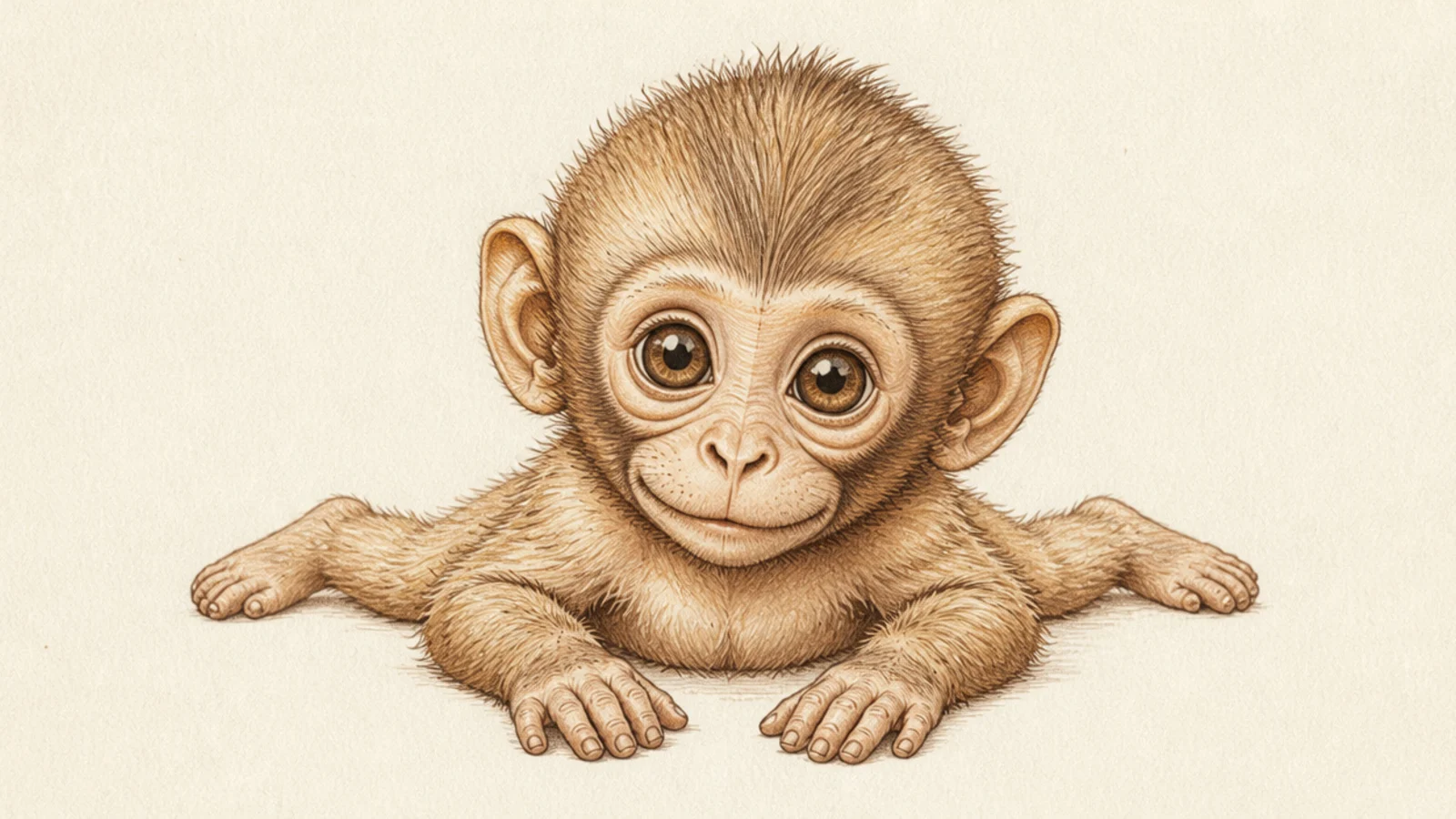 A baby monkey lying on its tummy lifting its head