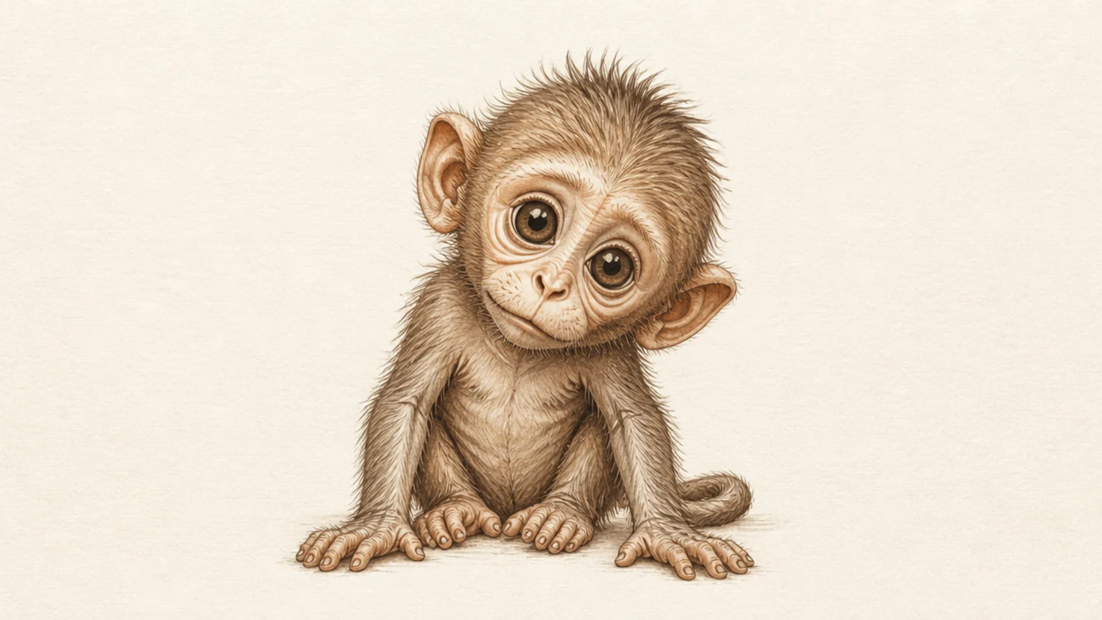 A baby monkey sitting up unsteadily with hands on the ground