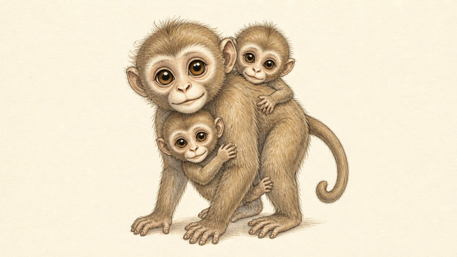Two baby monkeys clinging to one mother