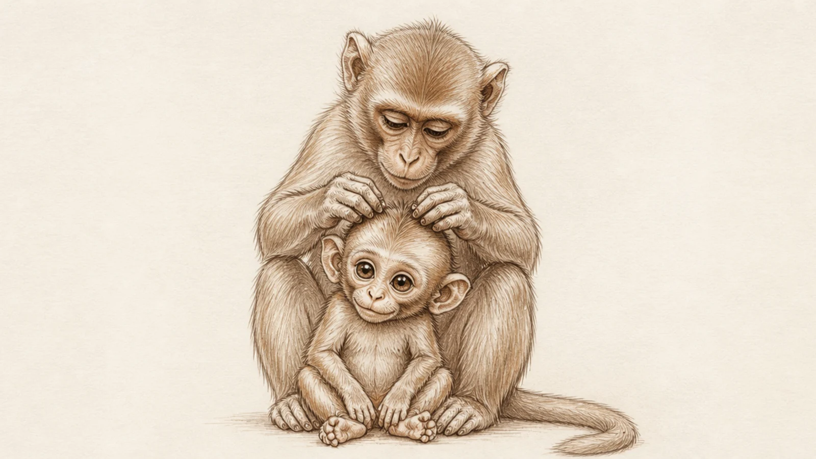 A mother monkey gently grooming her baby