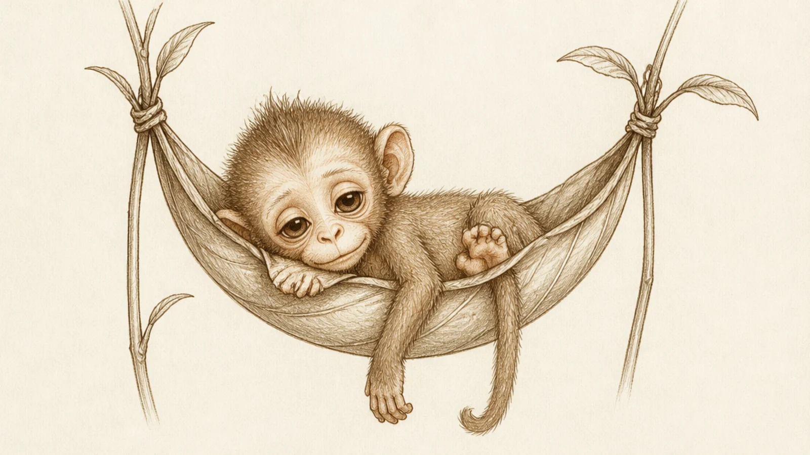 A baby monkey resting in a big curled leaf like a hammock