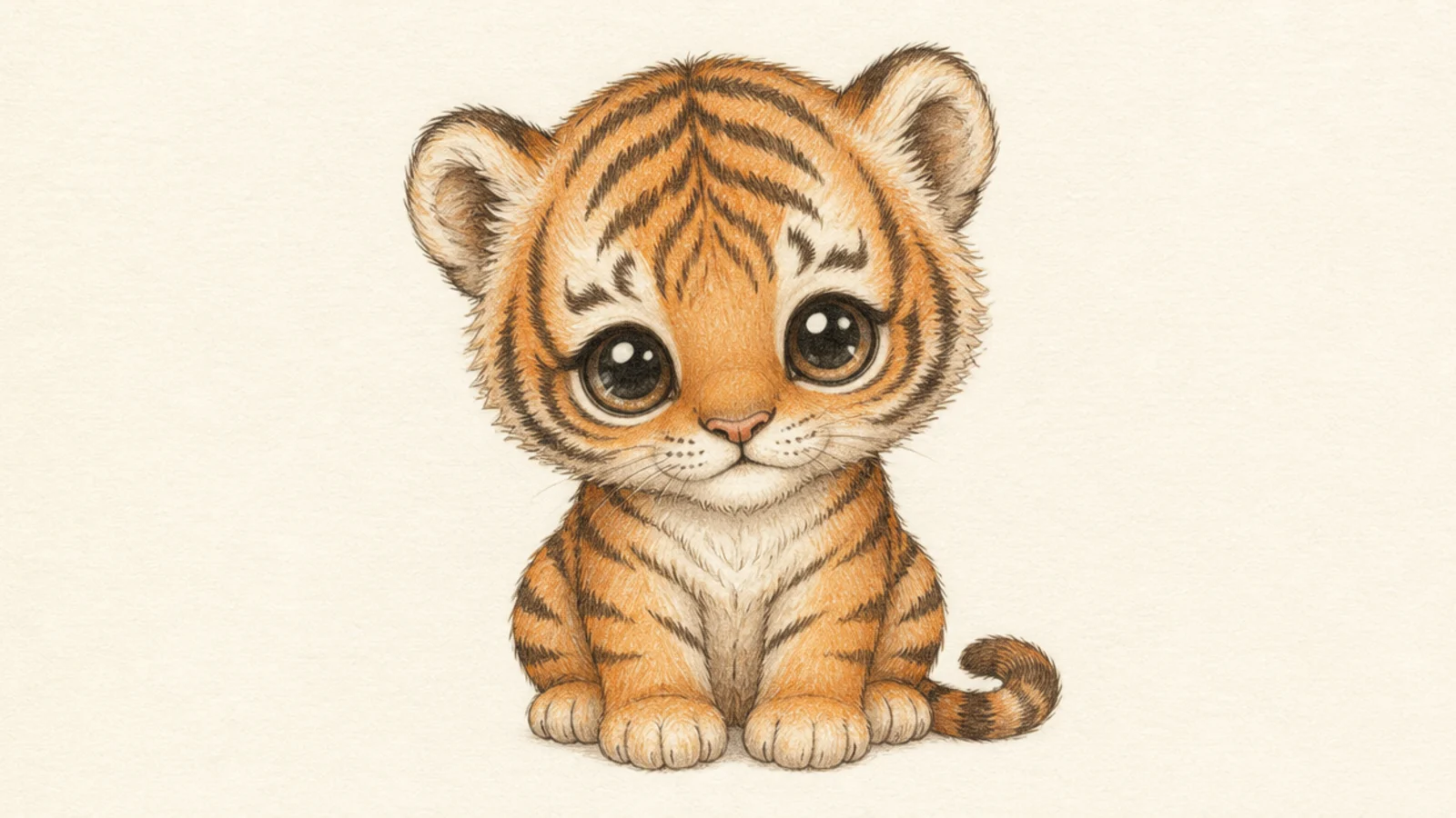 A baby tiger cub sitting with a big head and short legs