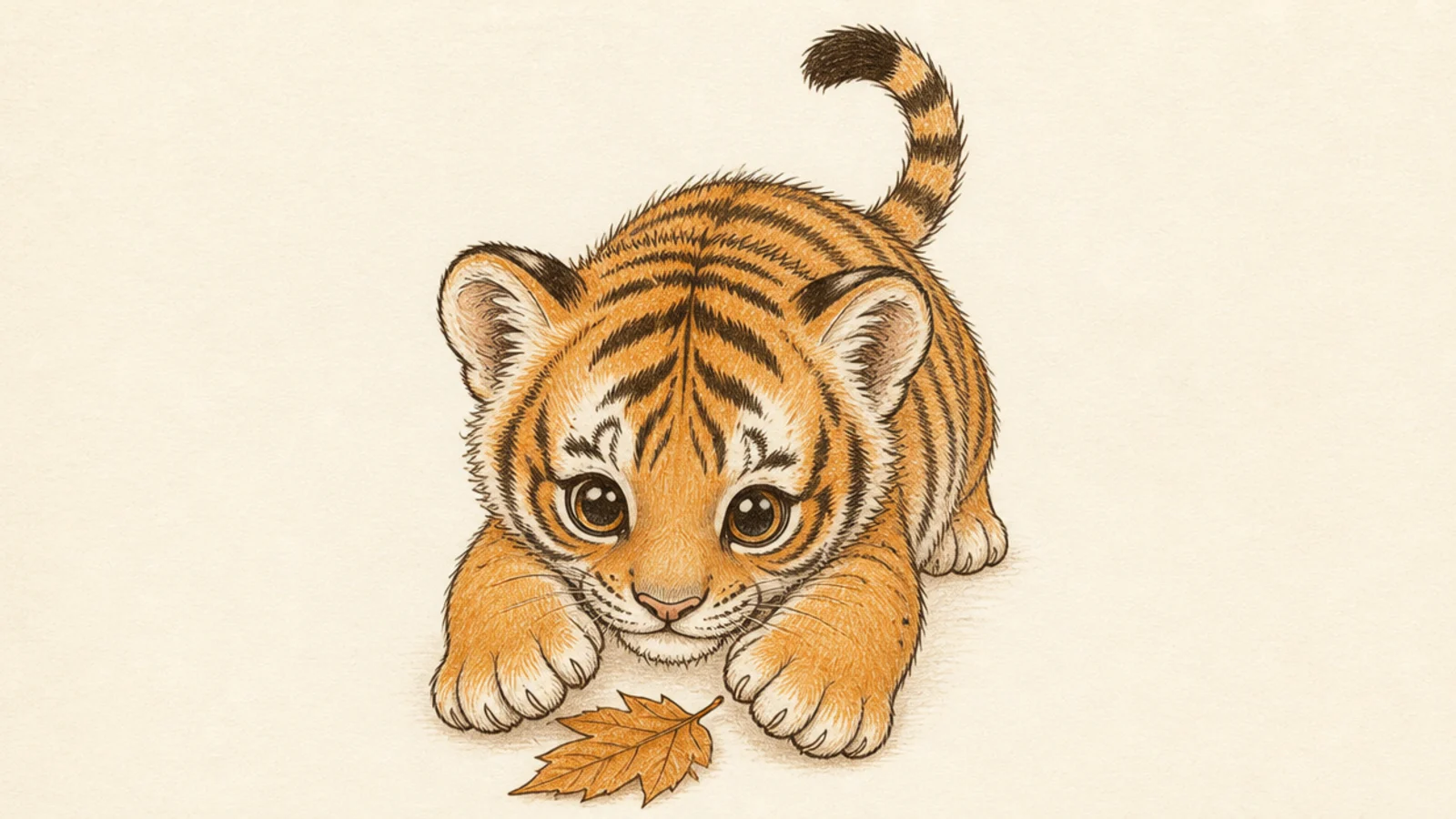 A baby tiger cub pouncing playfully on a leaf