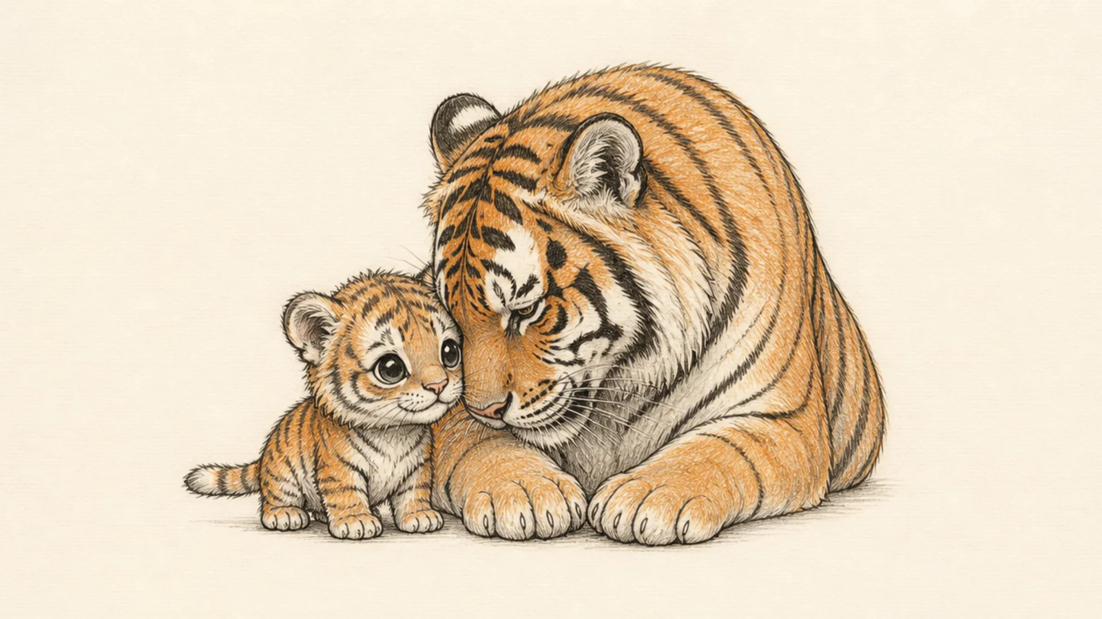 A baby tiger cub nuzzling up against its mother