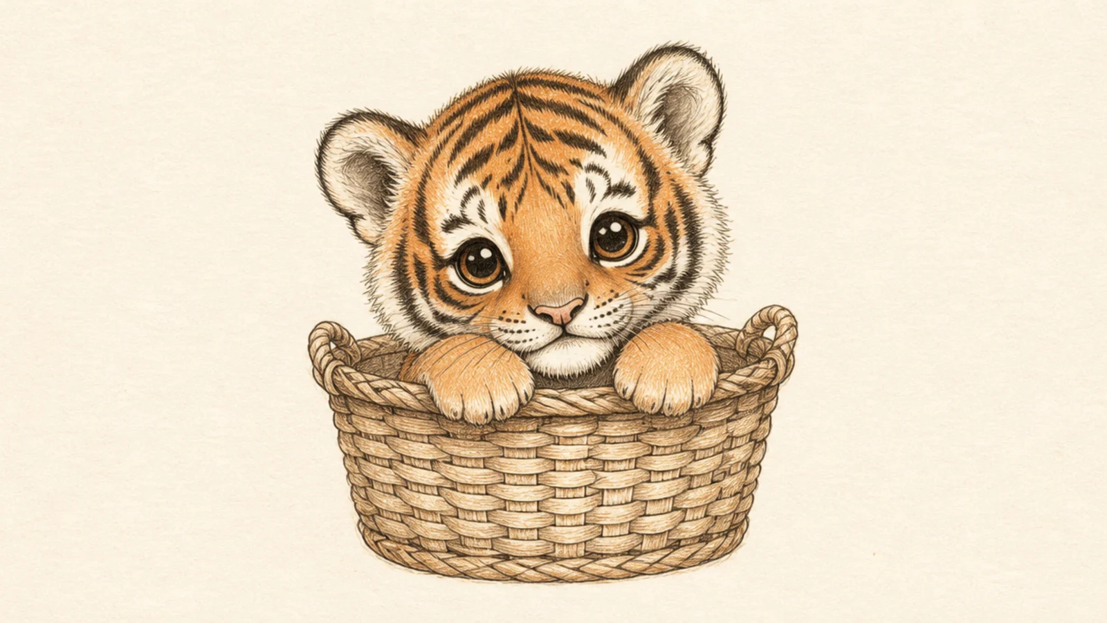 A baby tiger cub peeking out of a woven basket