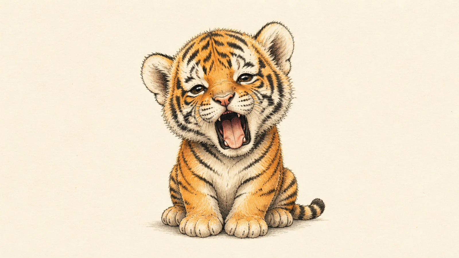A baby tiger cub with a big sleepy yawn