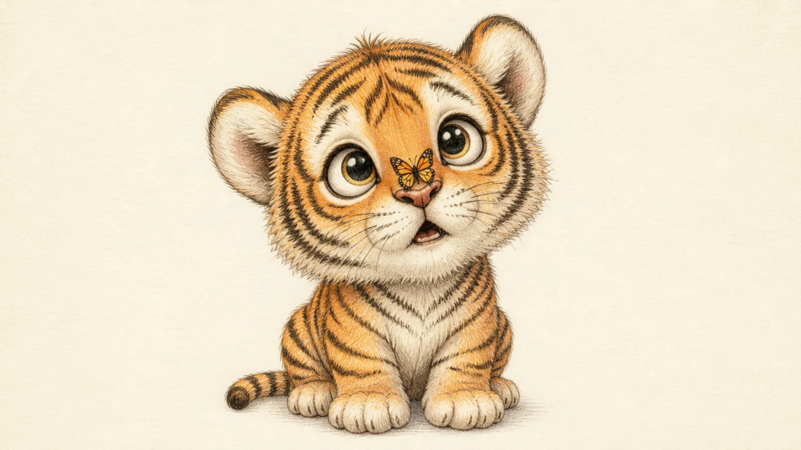 A baby tiger cub watching a butterfly on its nose