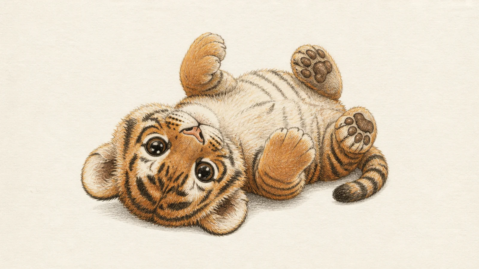 A baby tiger cub lying on its back with paws up