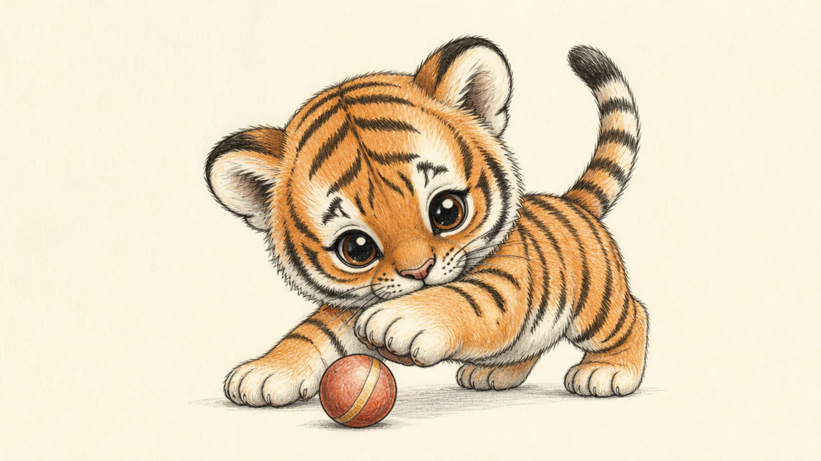A baby tiger cub batting at a ball