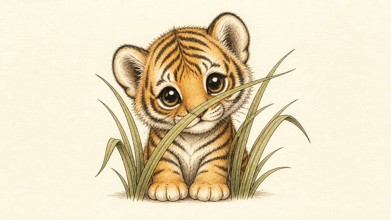 A baby tiger cub peeking through tall grass
