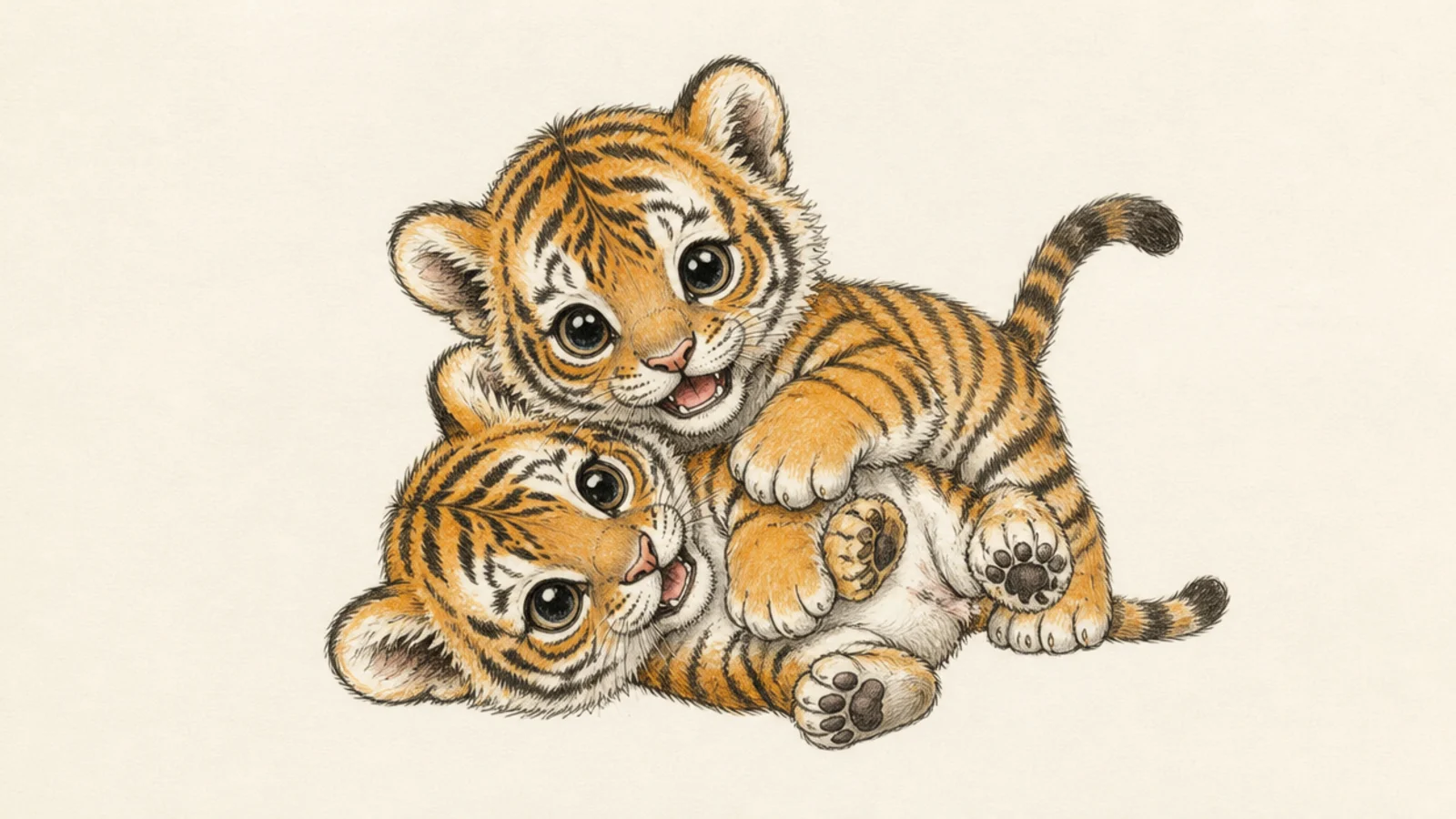 Two baby tiger cubs tumbling and playing together