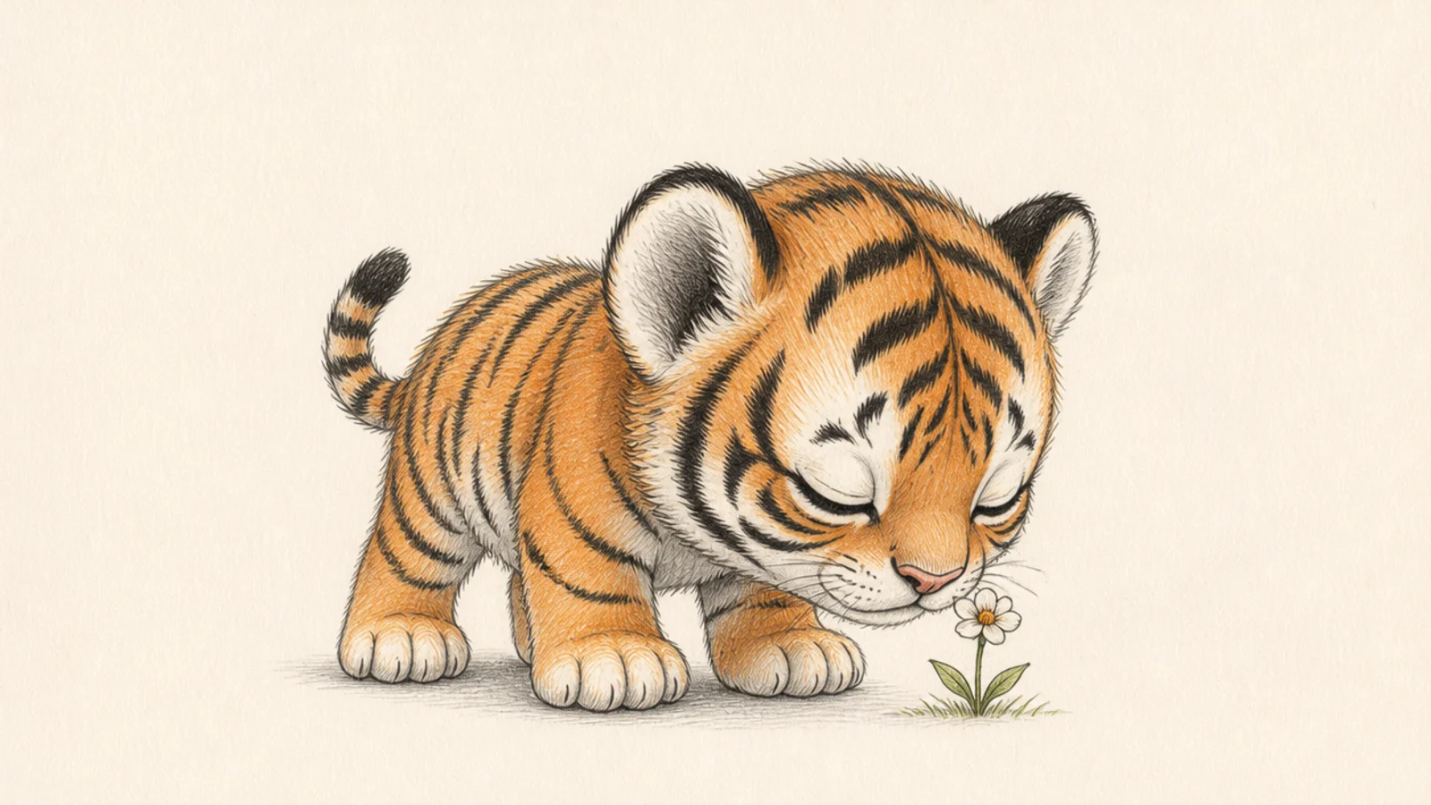 A baby tiger cub sniffing a small flower
