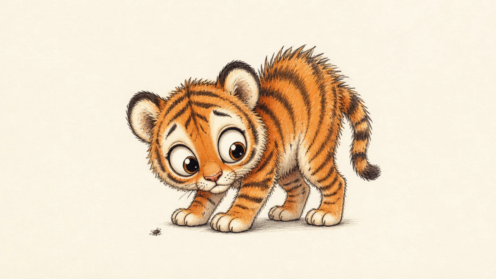 A baby tiger cub jumping back from a tiny bug