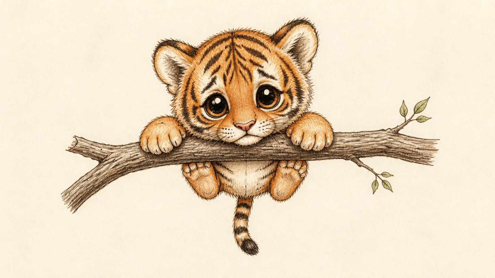 A baby tiger cub clinging nervously to a low branch