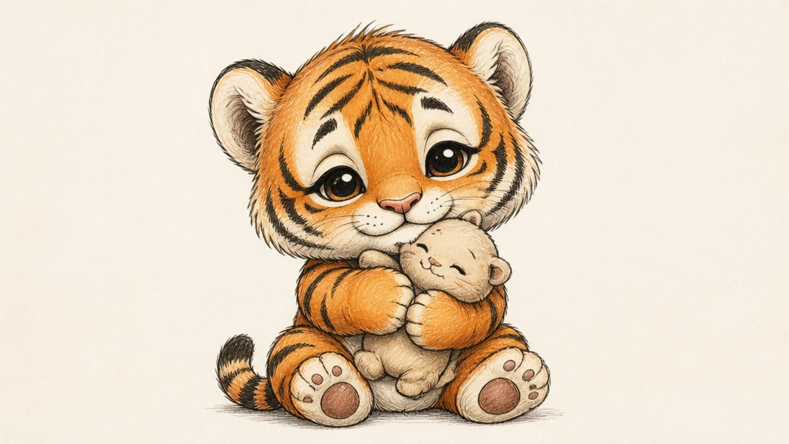 A baby tiger cub hugging a small plush toy