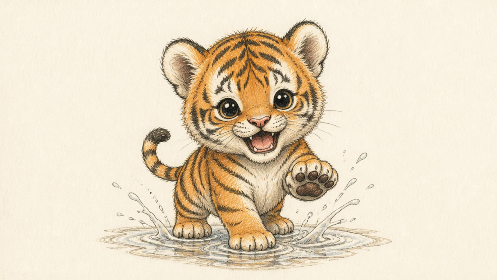 A baby tiger cub splashing in a small puddle