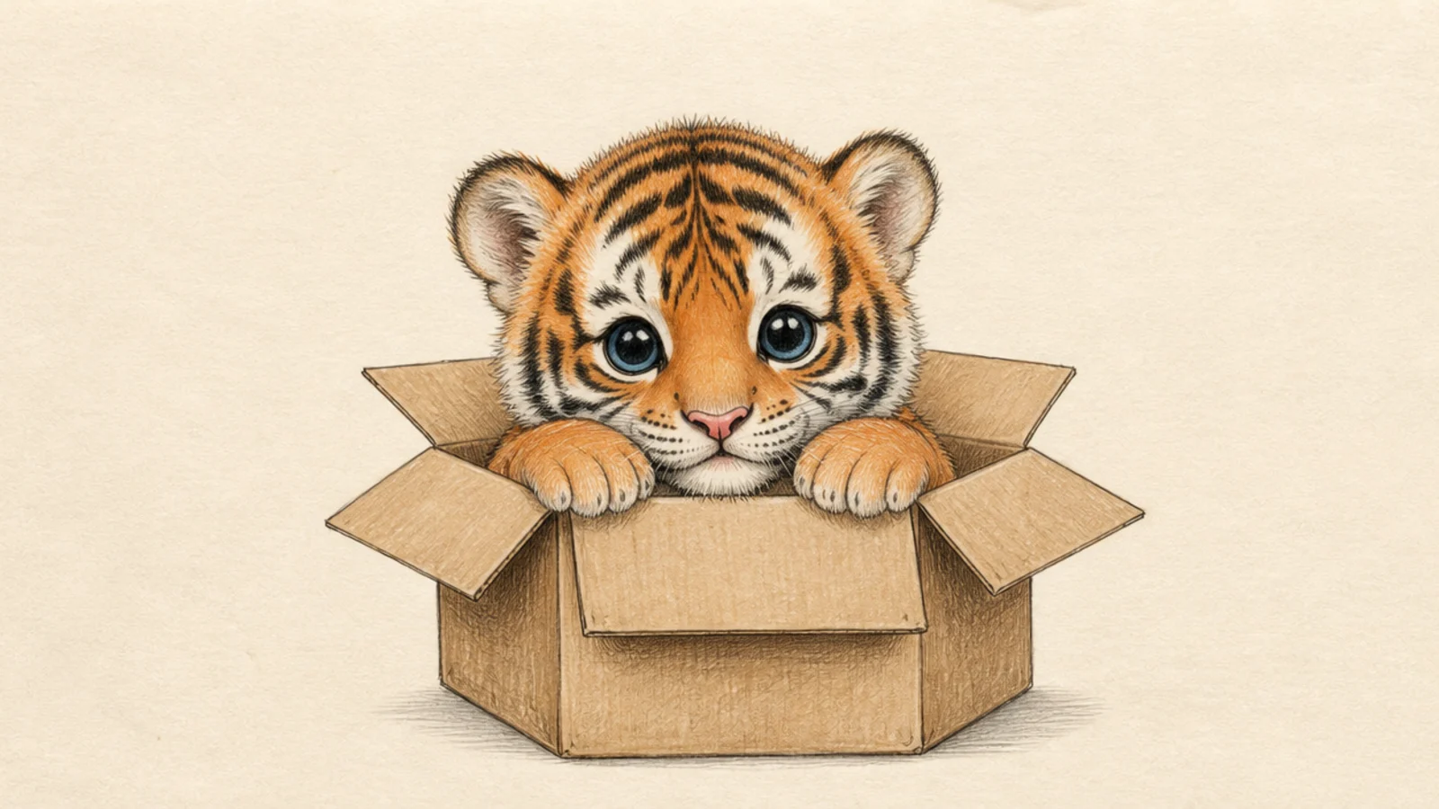 A baby tiger cub peeking out of a cardboard box