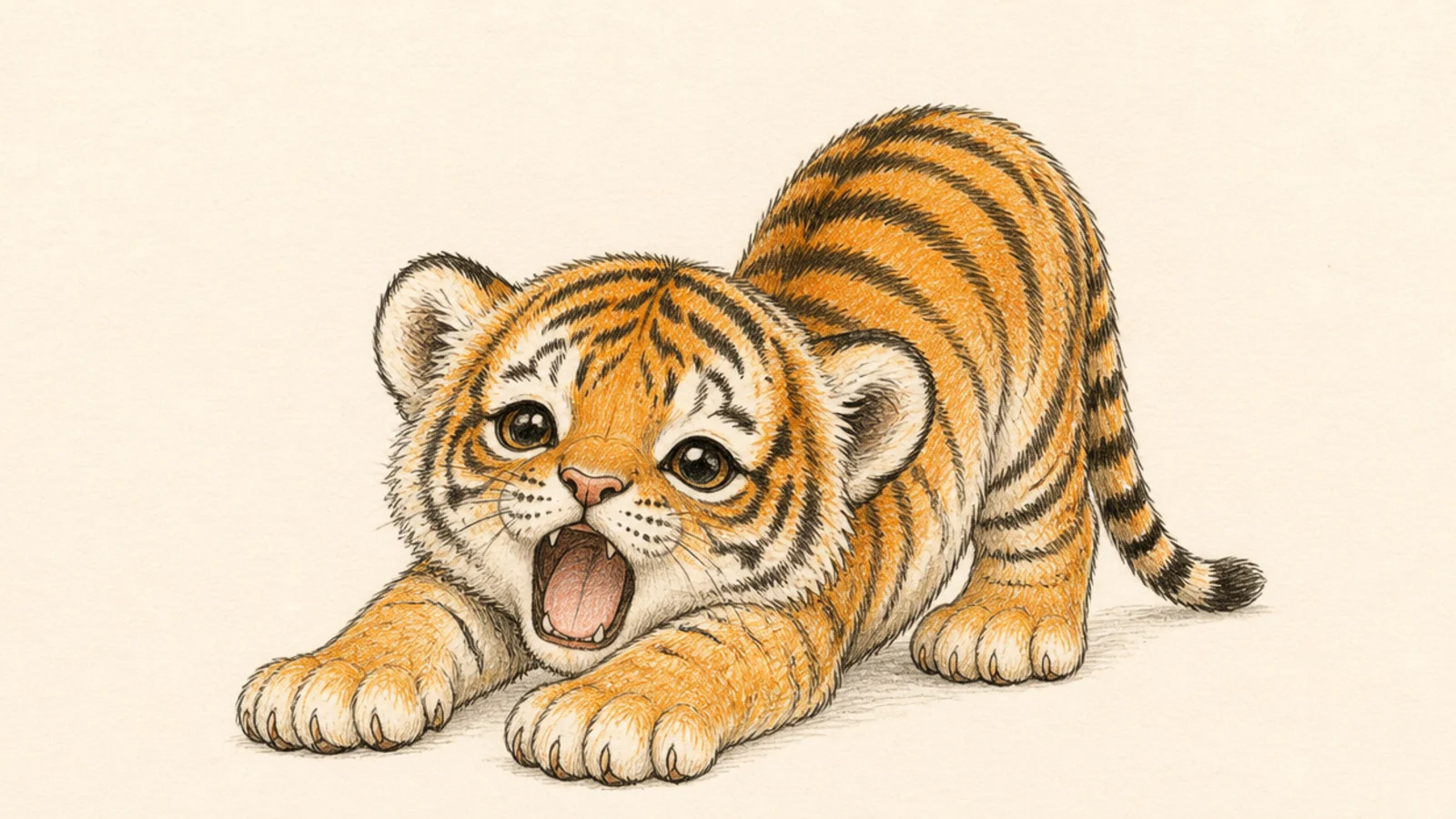 A baby tiger cub doing a big morning stretch